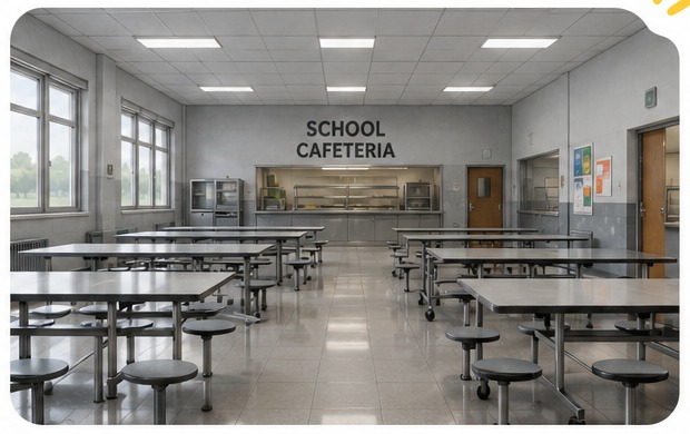 A grey, empty and boring school cafeteria